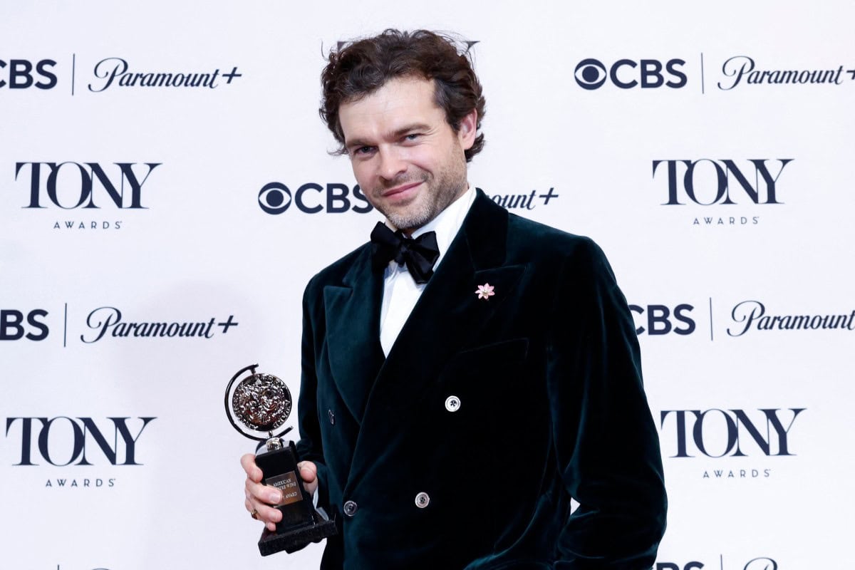 US actor Alden Ehrenreich poses with the award for Best Featured Actor in a Play for "Becky Shaw" in the press room during the 79th Annual Tony Awards at Radio City Music Hall in New York on June 7, 2026. Picture via kena betancur / AFP