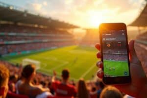 Person holding a smartphone showing a live football match in a crowded stadium.