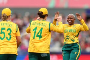 Laura Wolvaardt celebrates with Nonkululeko Mlaba