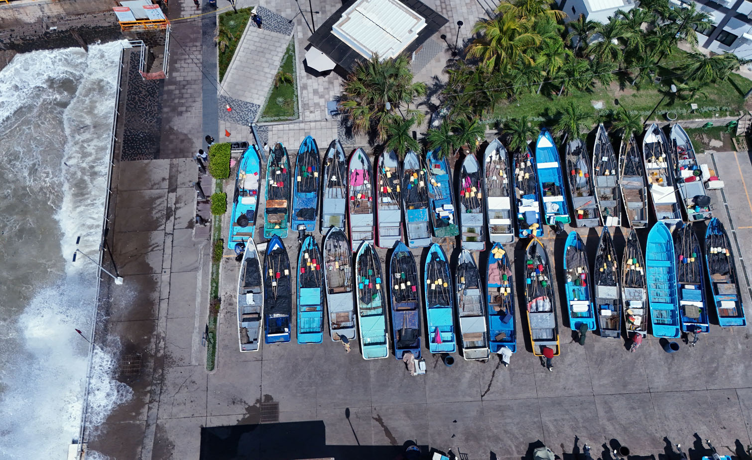 Fishing boats remain moored at the port of La Libertad