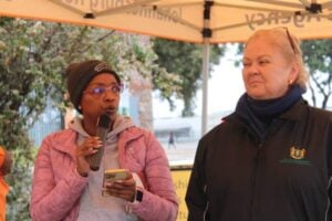 Ward 112 councillor Lerato Mphefo and Ward 132 councillor Annette Deppe address residents and city officials during the launch of Operation Restore.
