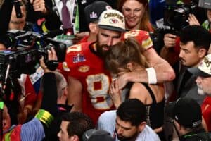 US singer-songwriter Taylor Swift and Kansas City Chiefs' tight end #87 Travis Kelce embrace after the Chiefs won Super Bowl LVIII against the San Francisco 49ers at Allegiant Stadium in Las Vegas, Nevada, February 11, 2024. Increasing signs point to a mega-bash for the A-list celebrity couple Taylor Swift and Travis Kelce at Madison Square Garden this week. Rumors have run rampant for weeks that the 36-year-old pop superstar and the three-time NFL Super Bowl winner, both 36, could wed at the storied sports arena, home to the New York Knicks, the newly crowned NBA champions. Picture via Patrick T. Fallon / AFP