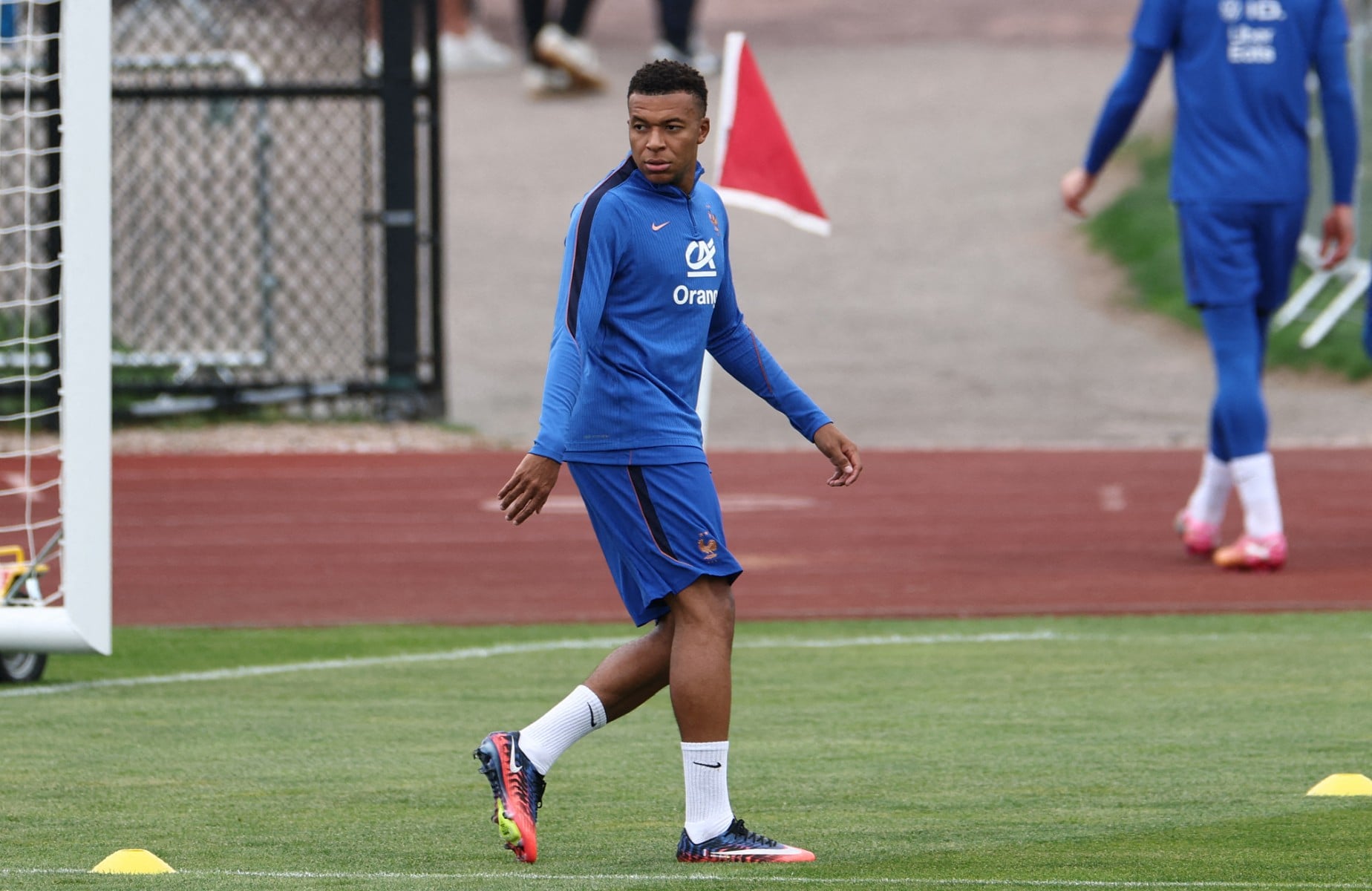 France's forward #10 Kylian Mbappe takes part in a training session at Bentley University in Waltham, near Boston, on July 6, 2026, during the 2026 World Cup football tournament. Photo via FRANCK FIFE / AFP