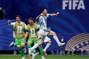 ATLANTA, GEORGIA - JULY 07: Lionel Messi #10 of Argentina celebrates the team's third goal scored by Enzo Fernandez #24 (not pictured) during the FIFA World Cup 2026 Round of 16 match between Argentina and Egypt at Atlanta Stadium on July 07, 2026 in Atlanta, Georgia. Elsa/Getty Images/AFP Picture via ELSA / GETTY IMAGES NORTH AMERICA / Getty Images via AFP