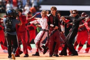 South Korean boy band BTS perform during the halftime show of the 2026 World Cup football tournament final match between Spain and Argentina at the New York/New Jersey Stadium in East Rutherford on July 19, 2026. Picture via PATRICIA DE MELO MOREIRA / AFP