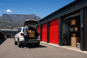 a man standing outside the storage building