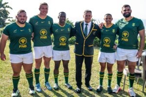 Springbok rugby players with Rassie Erasmus