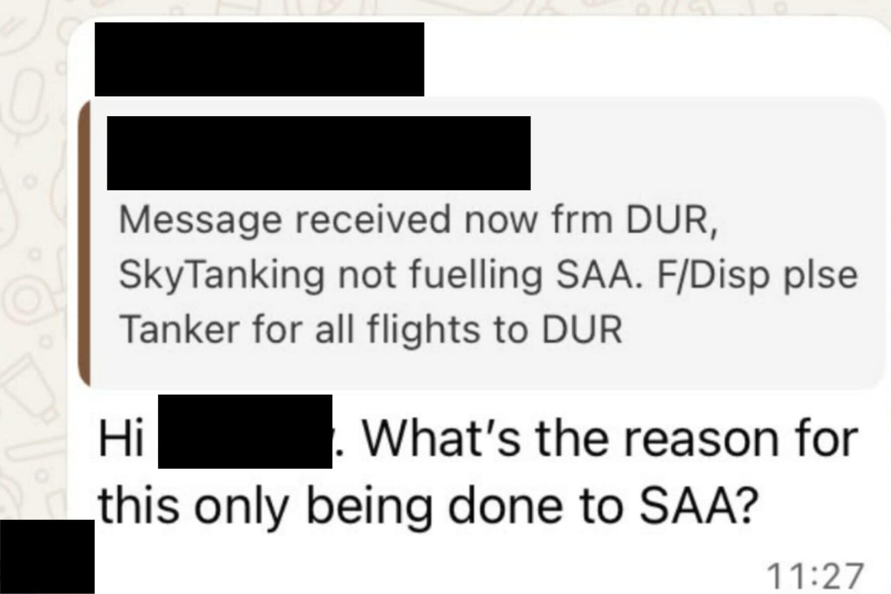 SAA denied a fuel challenge. Picture: Screengrab from WhatsApp