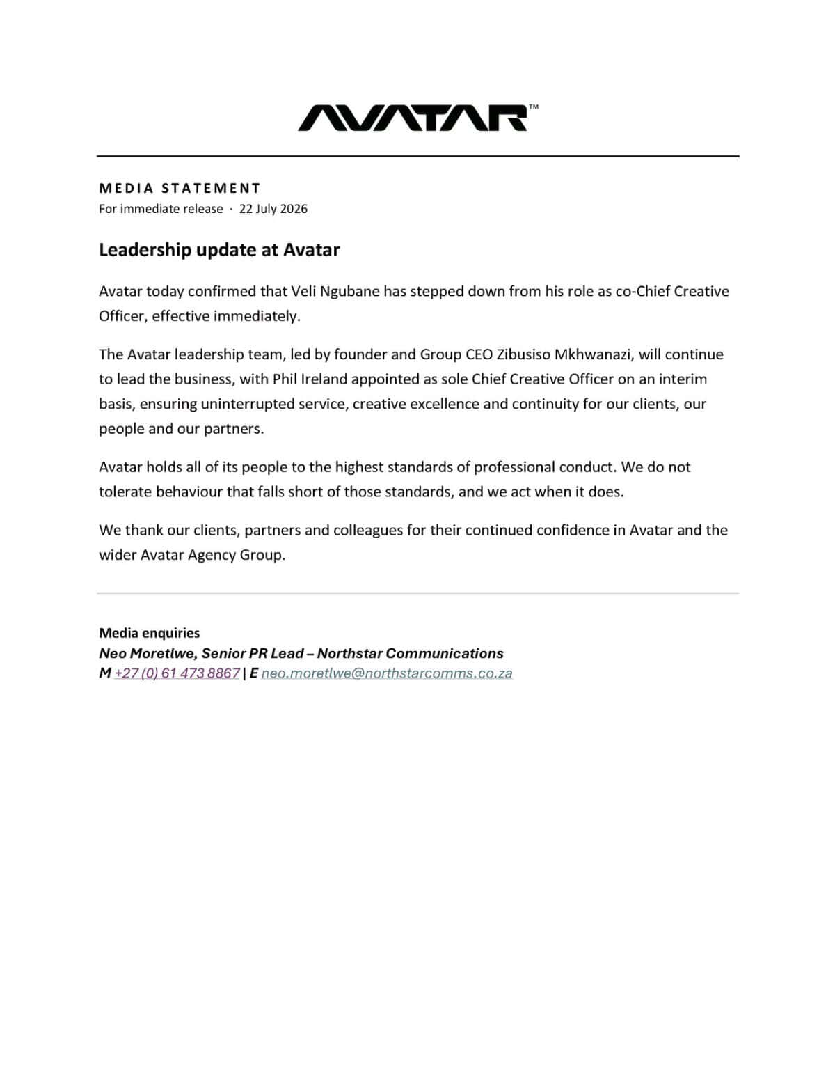 Avatar Agency Group co-founder Veli Ngubane has stepped down as co-Chief Creative Officer after a TikTok video showing him making objectifying comments to two women at Cannes Lions went viral. The agency says it has "zero tolerance" for such conduct.