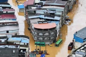 An aerial view shows flooding in Pingshan village