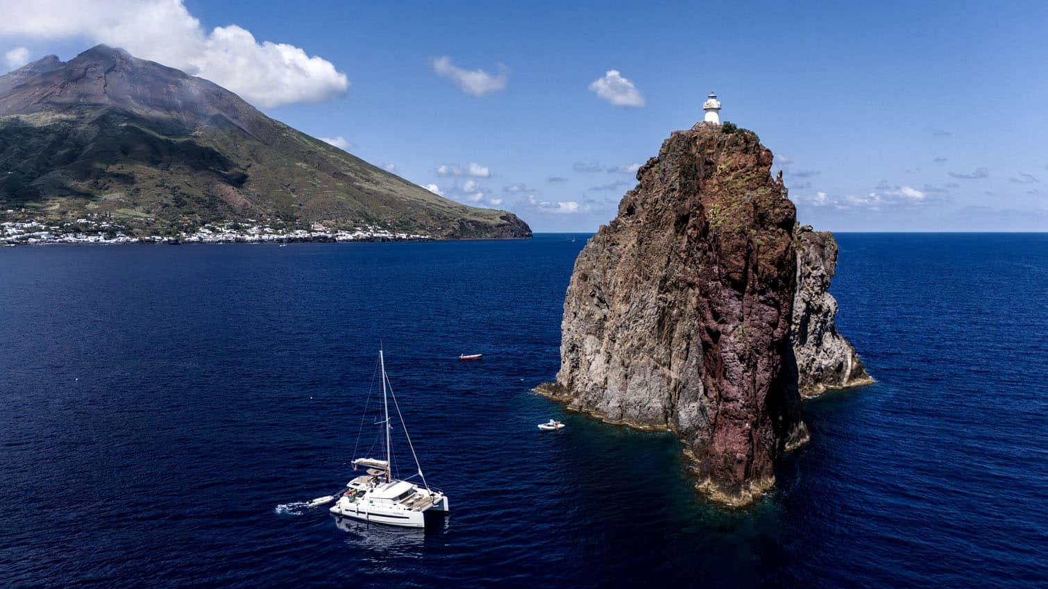 This aerial view shows the Strombolicchio Island