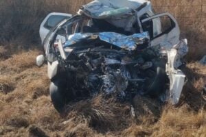The sedan involved in the head-on collision.