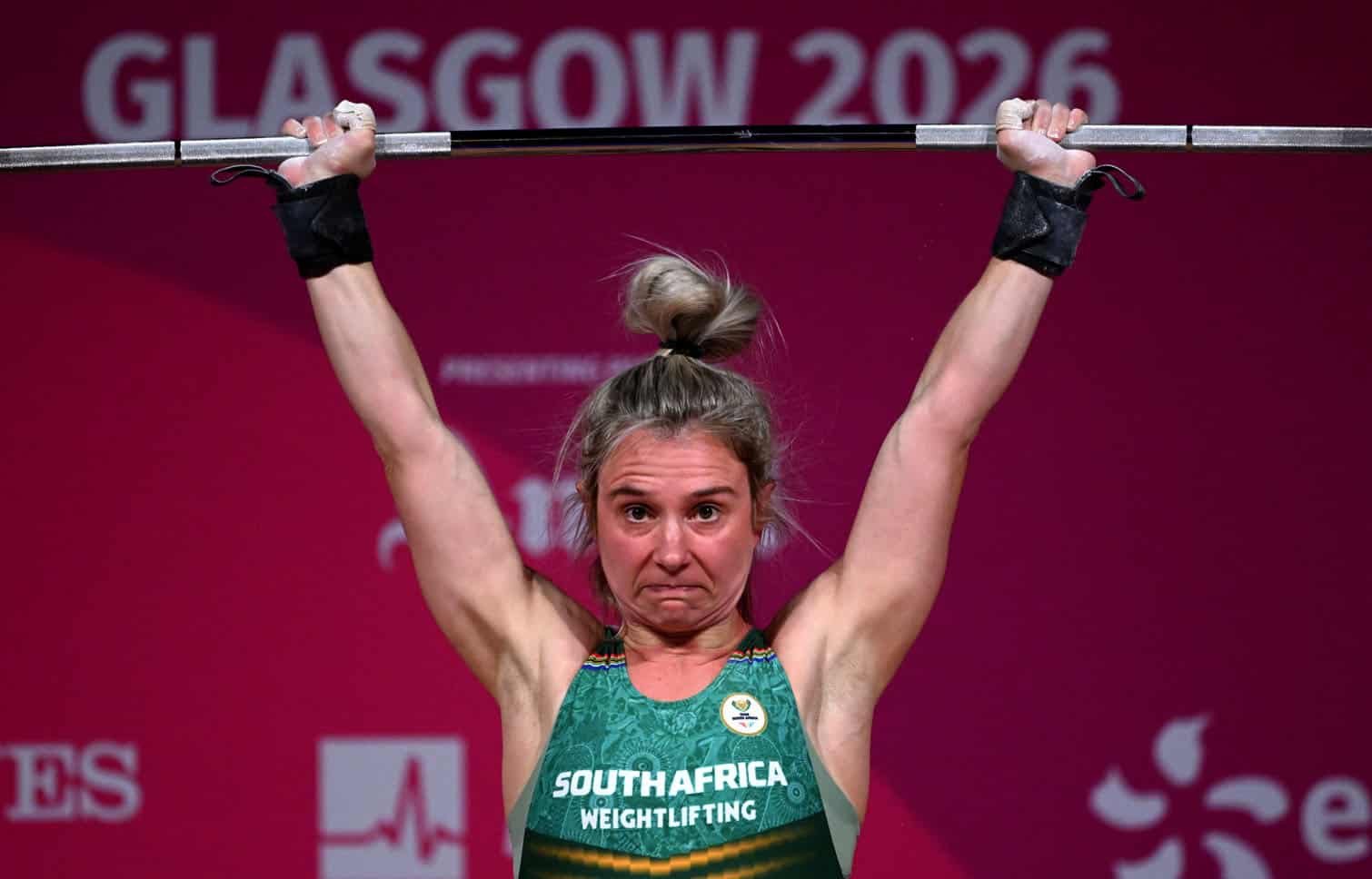 Anneke Spies-Burger of Team South Africa competes during the Women's 58kg Weightlifting on day four of the Glasgow 2026 Commonwealth Games at SEC Armadillo on July 27, 2026 in Glasgow, Scotland. (Photo by Mattia Ozbot/Getty Images)