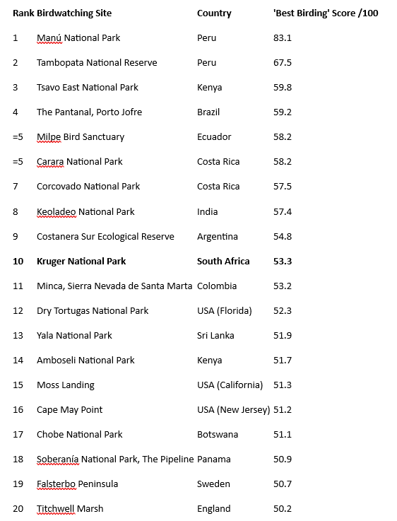 Kruger National Park named among world's top 10 birdwatching destinations in new global study