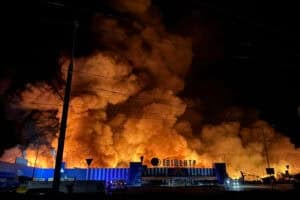 Ukraine's firefighters work to extinguish a fire