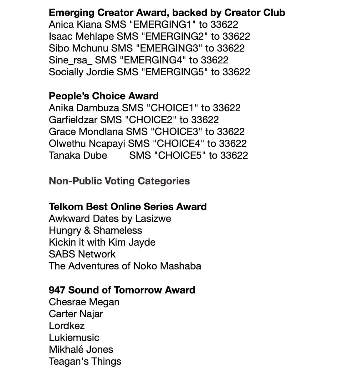 2026 Content Creator Awards Nominees