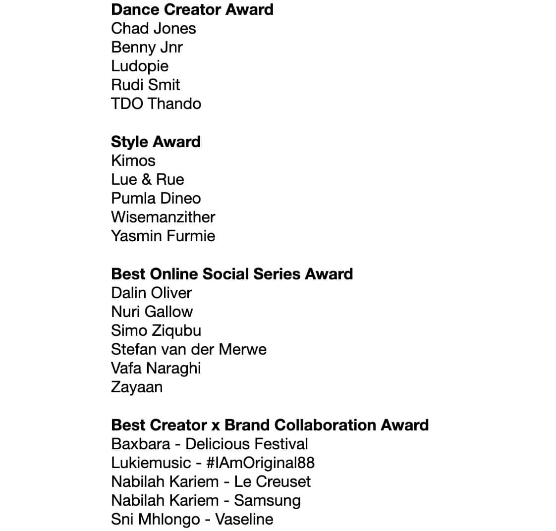 2026 Content Creator Awards Nominees