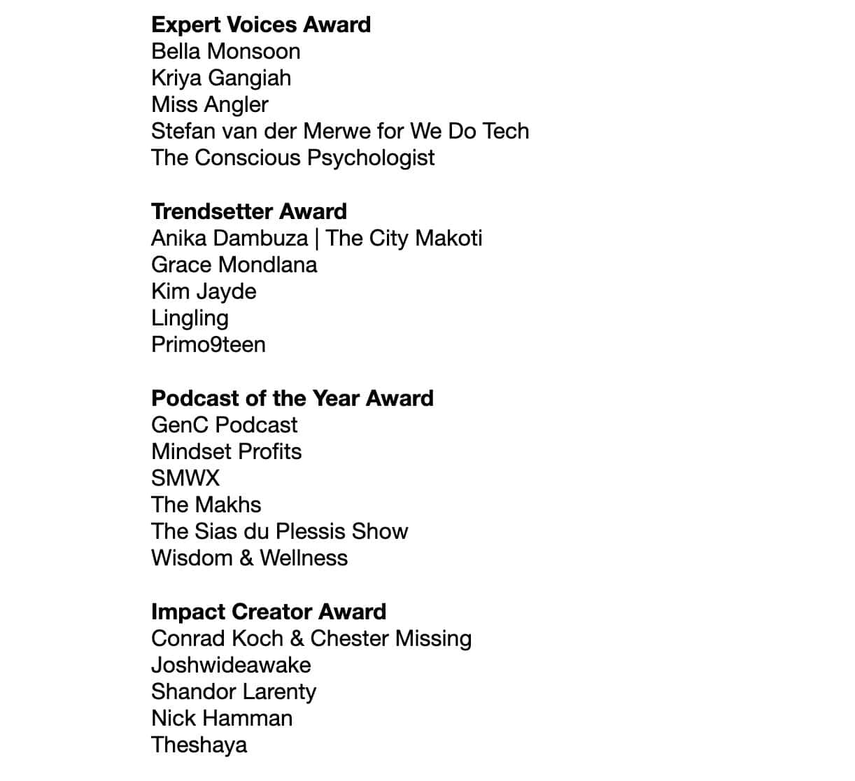 2026 Content Creator Awards Nominees