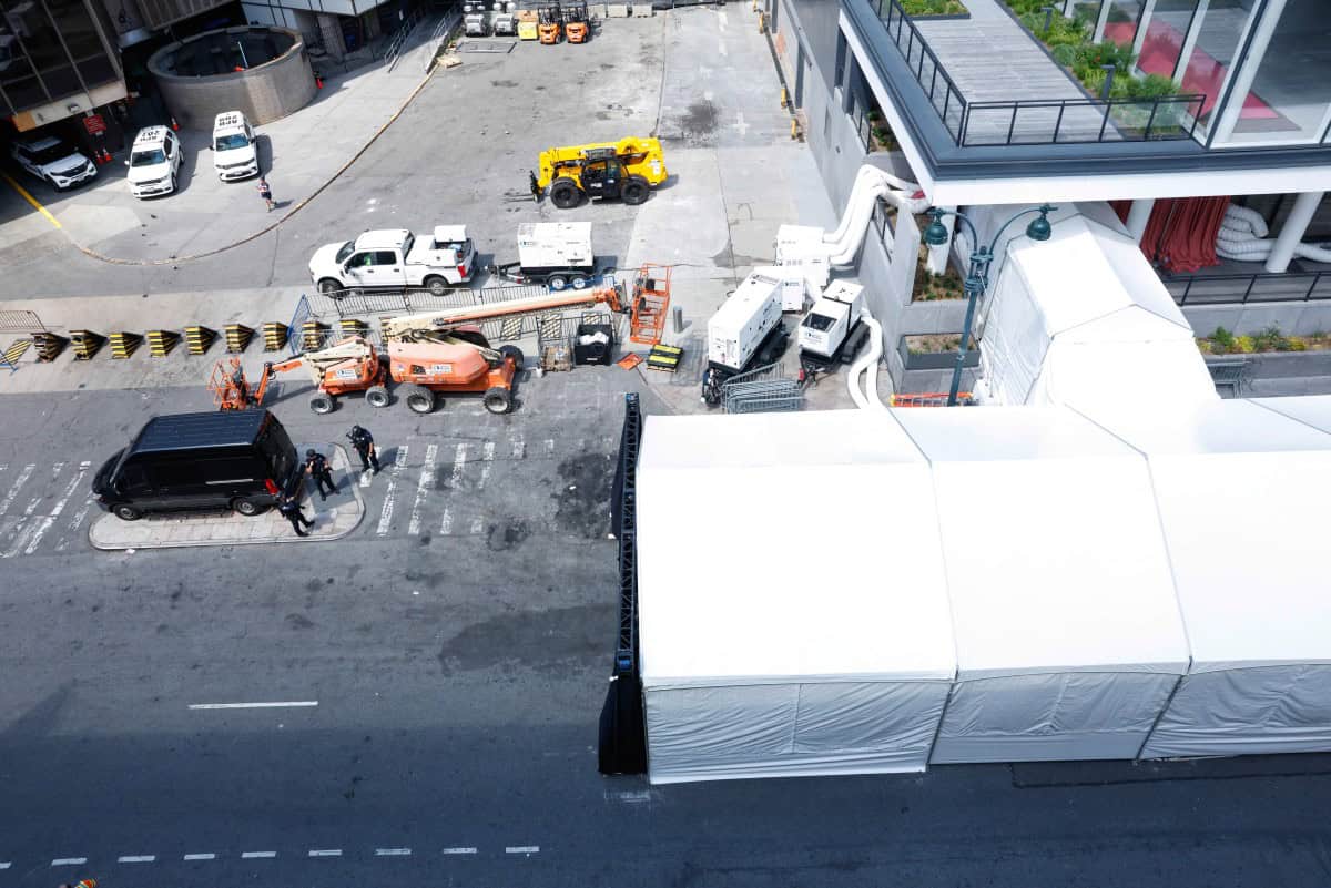 Multiple tented entrances are visible outside Madison Square Garden, the reported venue for the wedding celebrations of pop singer Taylor Swift and pro athlete Travis Kelce, in New York City on July 3, 2026. Swift and Kelce's official wedding plans are tightly under wraps. Picture via Kena Betancur / AFP