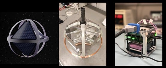 Africa2Moon Bounced African Low Lunar Spheres (BALLS) antenna element.
Left: a computer-generated simplified representation of one of the BALLS, including three concentric orthogonal loop antennas, eight solar panels and a contained electronics box. Centre and right: the structural and electrical functional test models. Picture: Rhodes University