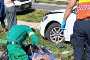 The paramedics assess the 30-year-old pedestrian after he was struck by a vehicle on the N2 near Lawaaikamp on Sunday afternoon. He was declared dead on the scene.
