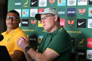 Fullback Damian Willemse and Springbok coach Rassie Erasmus