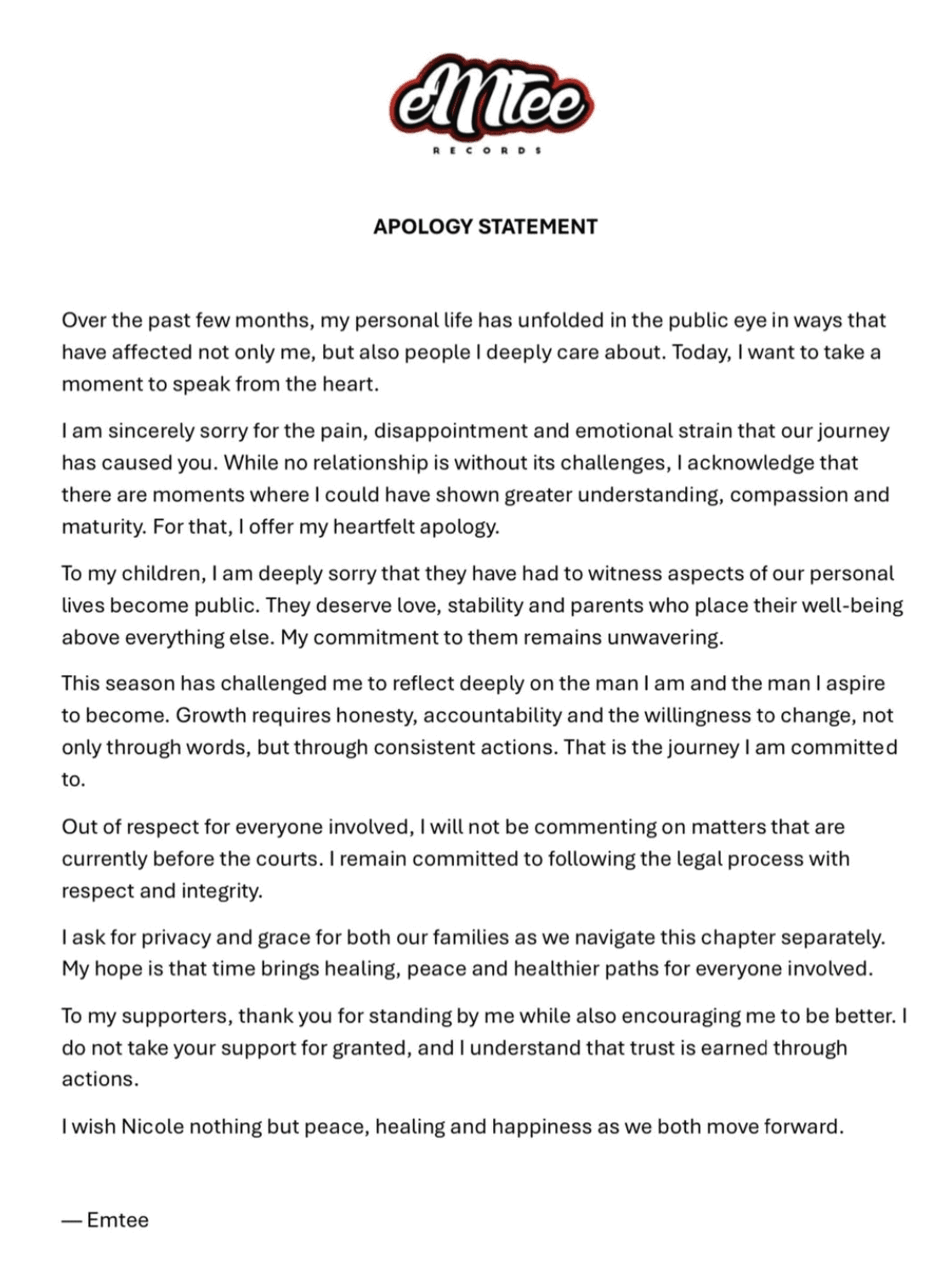 Emtee Issues Heartfelt Apology to Estranged Wife Nicole Chinsamy Amid Ongoing Personal Drama and Backlash Over New Relationship