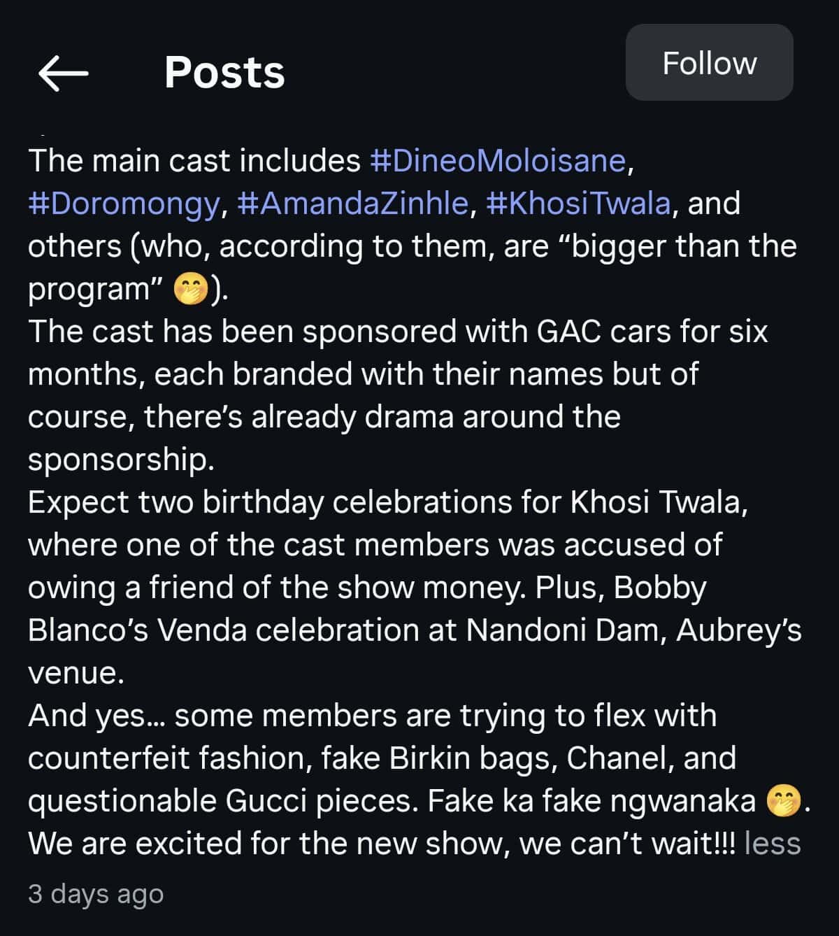 SABC1 shuts down "Glam & Grind" Slay Queen reality show rumours