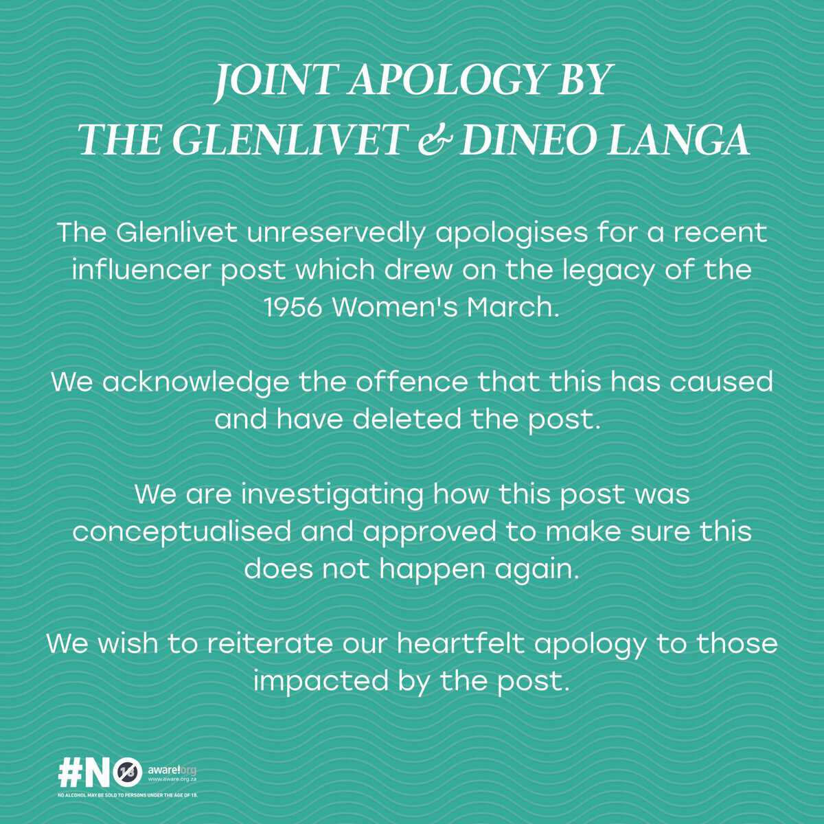 A Women's Month campaign linking struggle icons like Winnie Madikizela-Mandela to whisky has sparked backlash, an ANC statement, and a joint apology from The Glenlivet and actress Dineo Langa.