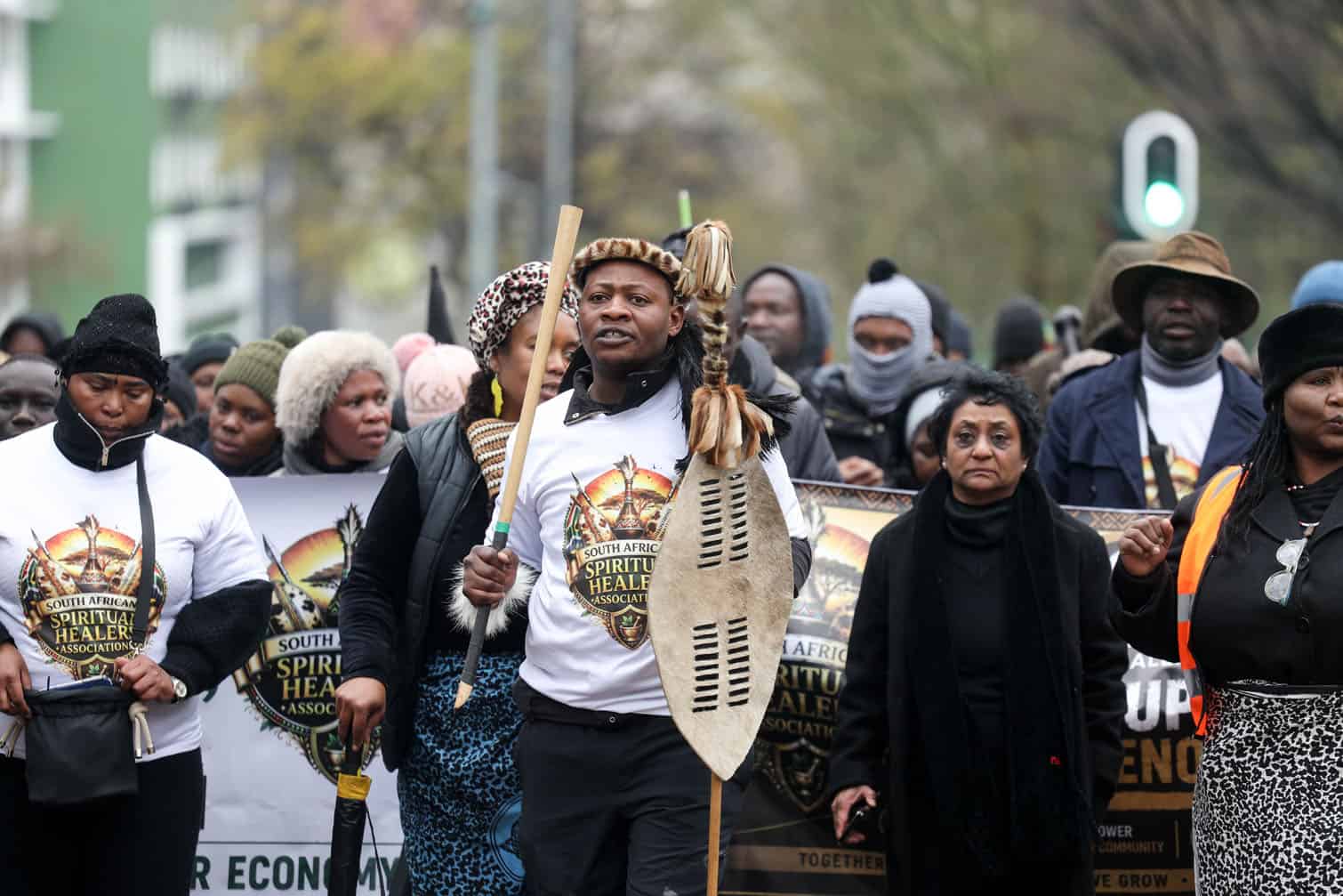 Participants during the SASHA march at City Council of Johannesburg on August 11, 2026 in Johannesburg, South Africa. The South African Spiritual Healers' Association (SASHA) is calling for recognition, meaningful engagement, lawful regulation, protection of indigenous knowledge, protection of cultural heritage and meaningful economic participation within Joburg's indigenous healing and medicine sector. (Photo by Gallo Images/Sharon Seretlo)