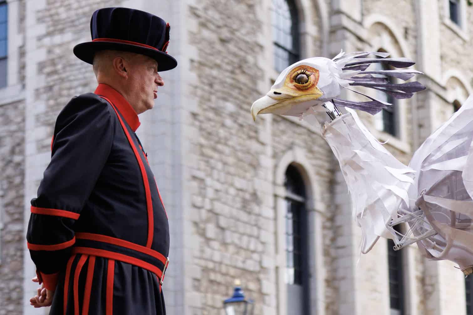 A secretary bird joins other animal puppets and dancers perform in the grounds of the Tower of London on August 20, 2026 in London, England. For over 600 years, the Tower of London housed a famous collection of exotic wild animals known as the Royal Menagerie. Over 60 species resided at the Tower, including Barbary lions, tigers, elephants, kangaroos, and a Norwegian polar bear that was allowed to swim and catch fish in the River Thames. Established in the 1200s by King John and later expanded by Henry III, the historic site acted as Britain's first official zoo before finally closing its gates in 1835. The animals were transferred to form the foundation of the newly established ZSL London Zoo in Regent's Park, that is still open to the public today. (Photo by Dan Kitwood/Getty Images)