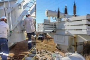 Eskom Technicians replacing the faulty transformer with the 10MVA one.