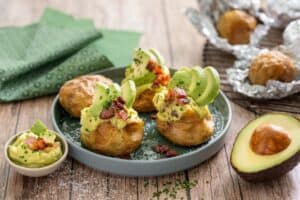Baked potatoes with whipped bacon avo sauce recipe