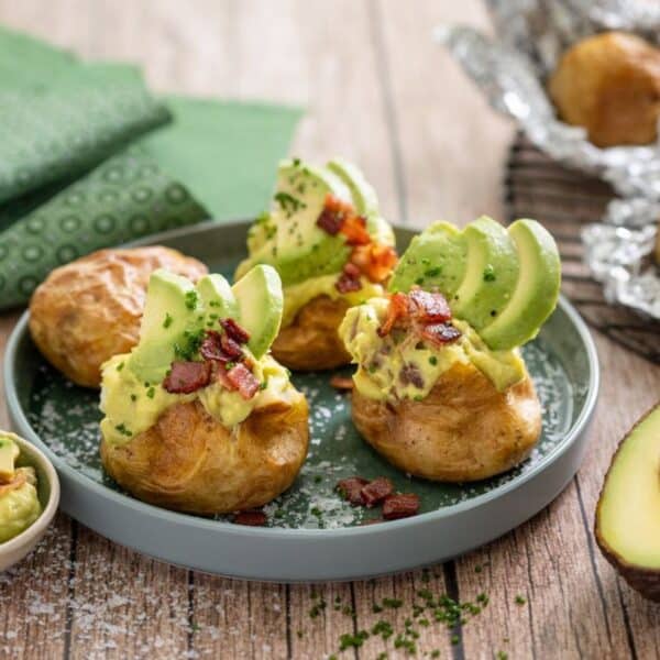 Baked potatoes with whipped bacon avo sauce recipe