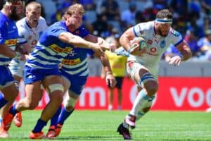 Evan Roos of Stormers tackles Marcell Coetzee of Bulls