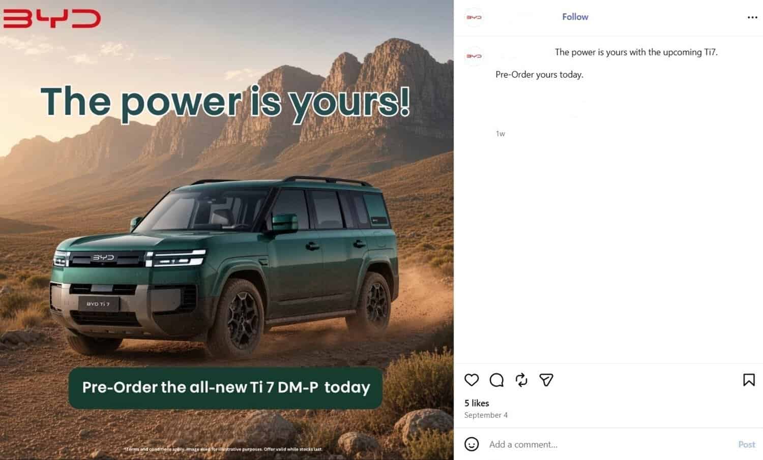 Fangchengbao Tai 7 coming to South Africa as BYD Ti7