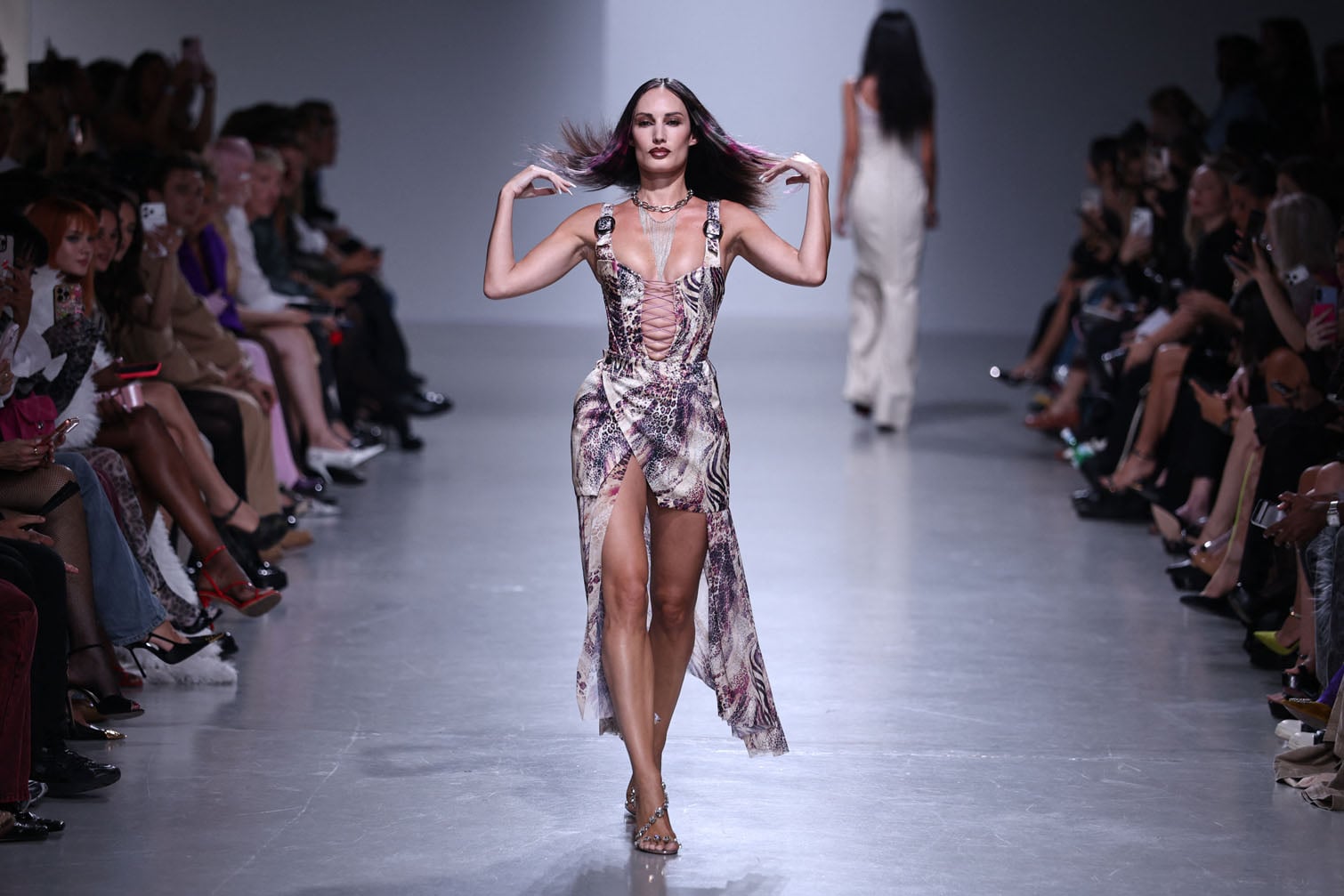 A model presents a creation by Weinsanto for the Women's Spring/Summer 2027 collection fashion show as part of the Paris Fashion Week, in Paris on September 28, 2026. (Photo by SIMON WOHLFAHRT / AFP)