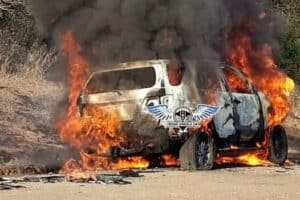 One of the suspects' getaway vehicles was set alight after the CIT robbery.