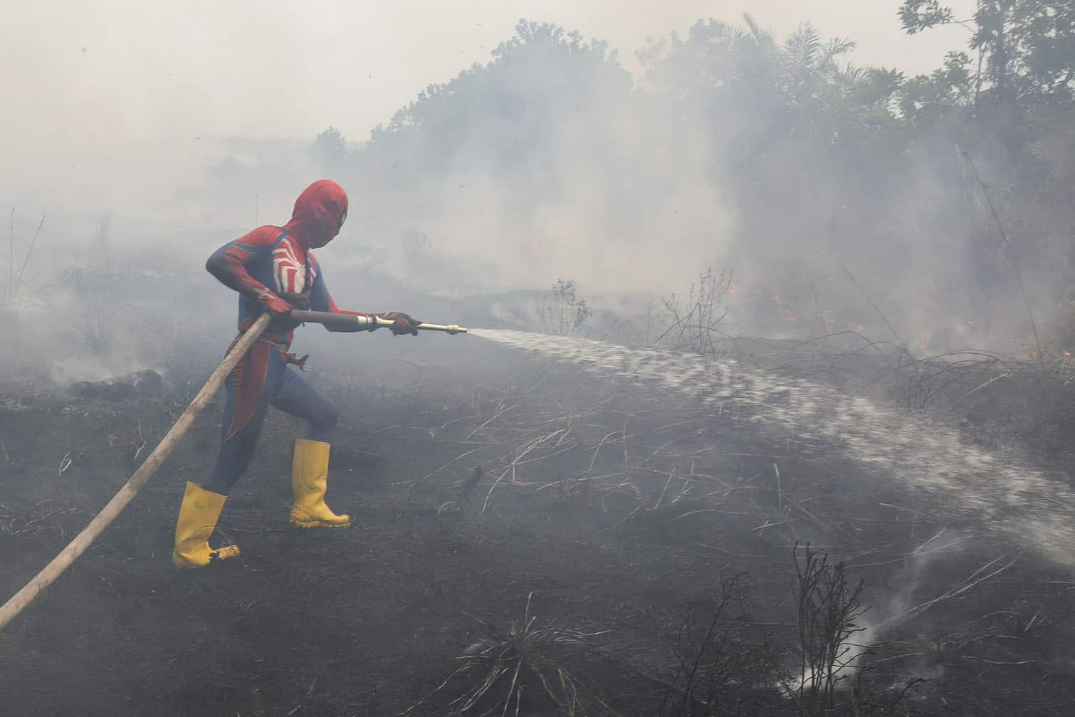 A resident wearing a Spider-Man costume extinguishes a land fire at Kereng Bangkirai in Palangkaraya, Central Kalimantan, on September 9, 2026. Toxic haze has shrouded parts of Indonesia and Malaysia for weeks as Jakarta struggles to contain fires that have scorched large tracts of Borneo and Sumatra, with the smoke drifting into neighbouring Malaysia, Singapore, and Brunei. (Photo by REINA / AFP)
