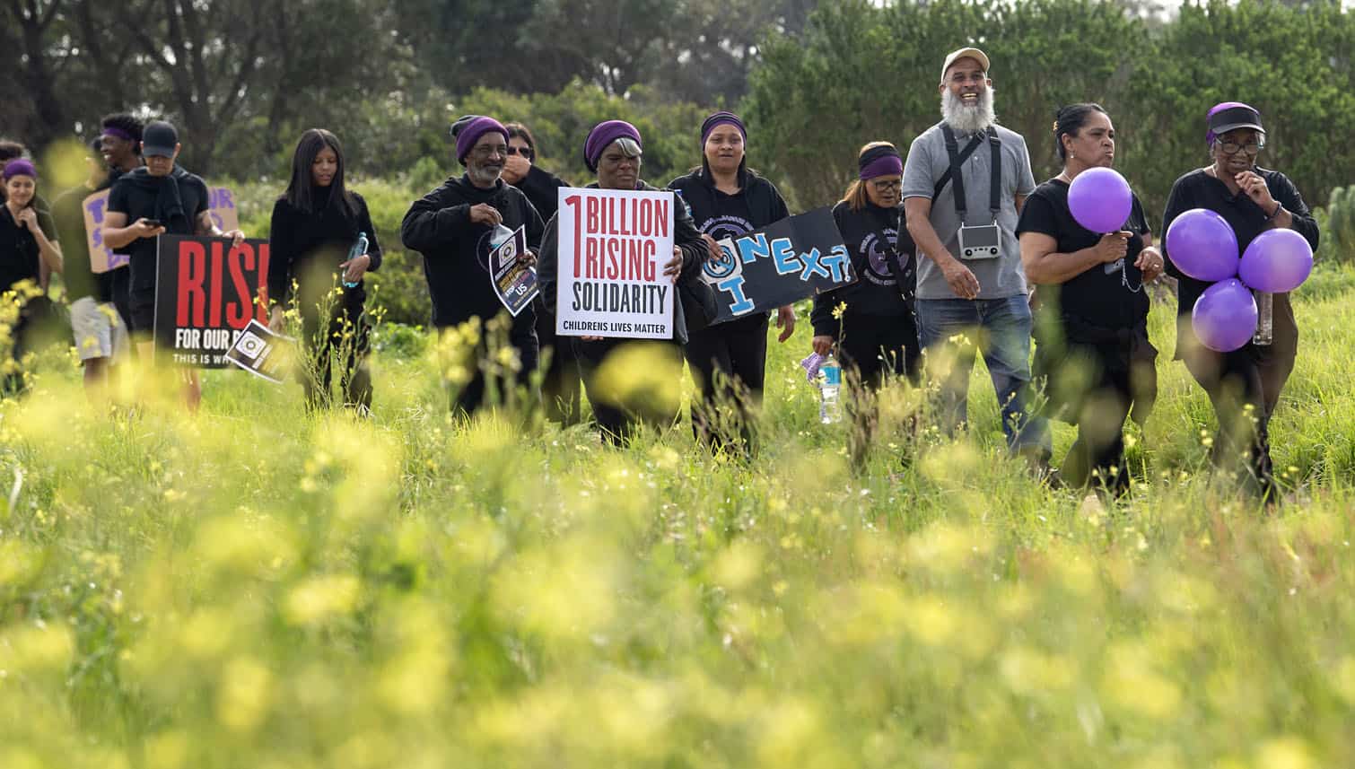 Hundreds of people  protested at the One Billion Rising South Africa Solidarity Walk against Gender-Based Violence (GBV) on Heritage Day  at Princess Vlei in Grassy Park on September 24, 2026 in Cape Town, South Africa. The walk aims to stand in solidarity against the surging femicide crisis following the recent murders of nine women in Ekurhuleni and also to demand immediate governmental action. (Photo by Gallo Images/Brenton Geach)