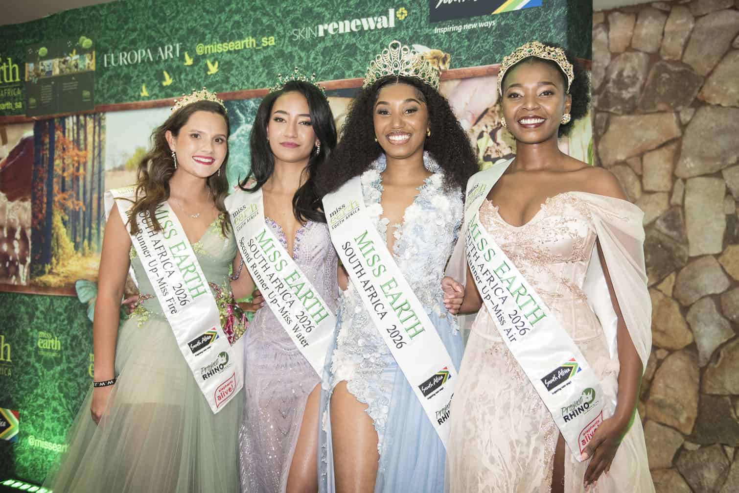 Miss Earth South Africa 2026 winner Hlombe Ndzube (second from right) poses with the runners-up, Karla Janse van Rensburg (left), third runner-up; Alicia Duminy (second from left), second runner-up; and Ronewa Mafunzwa (right), first runner-up, shortly after the crowning at Thaba Eco Hotel at Klipriviersberg Nature Reserve, south of Johannesburg, 30 September 2026. Miss Earth is an international environmental advocacy competition that promotes environmental awareness, conservation and sustainable development, with contestants serving as ambassadors for environmental causes. Picture: Michel Bega/The Citizen