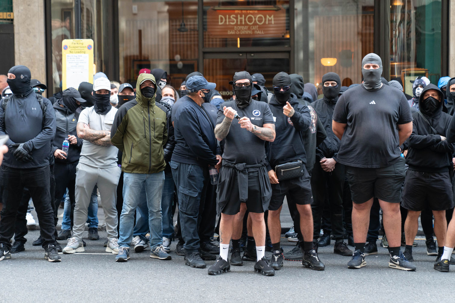 A small group of men wearing balaclavas stand outside the offices of the Daily Mail at Associated Newspapers on September 9, 2026 in London, England. Leader of the self styled 