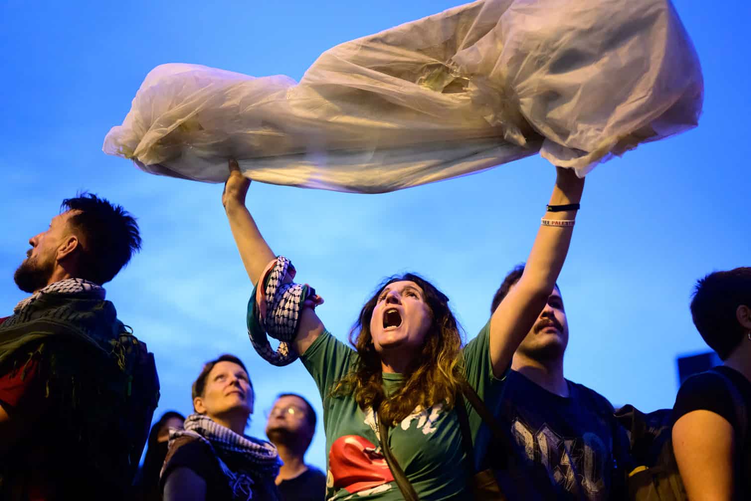 Protestors chant as they take part in an anti-Israeli demonstration against the opening of Israel's first Slovenian embassy, in Ljubljana, on September 9, 2026. Under nationalist Prime Minister Janez Jansa, Slovenia is launching a diplomatic reset of its relationship with Israel, resulting in Israel sending its foreign minister to open its first embassy in Ljubljana on September 9, 2026. (Photo by Martin Metelko / AFP)