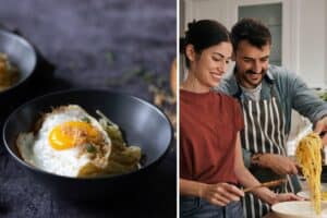 Spaghetti with fried eggs and crispy breadcrumbs recipe