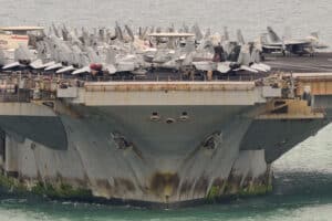 Aircrafts are seen on the flight deck of US nuclear-powered aircraft carrier