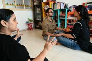 This photograph taken on September 16, 2026 shows intimacy director and BraveSpaces Creative India founder Neha Vyaso (L) conducting a mock intimacy workshop with actors Dev Surana (C) and Priti M for an upcoming project in Mumbai. Nudity and sex scenes -- often left to trust and improvisation on Indian film sets -- are now being meticulously choreographed by intimacy coordinators tasked with protecting actors and ensuring consent. Once unheard in Bollywood, such coordinators are becoming an increasingly familiar presence as filmmakers embrace stricter standards after the 2017 #MeToo movement put a spotlight on sexual exploitation in entertainment industries around the world. Picture: Indranil Mukherjee / AFP