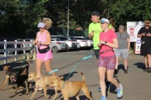 Participants run alongside their dogs during the breast cancer awareness walk.
