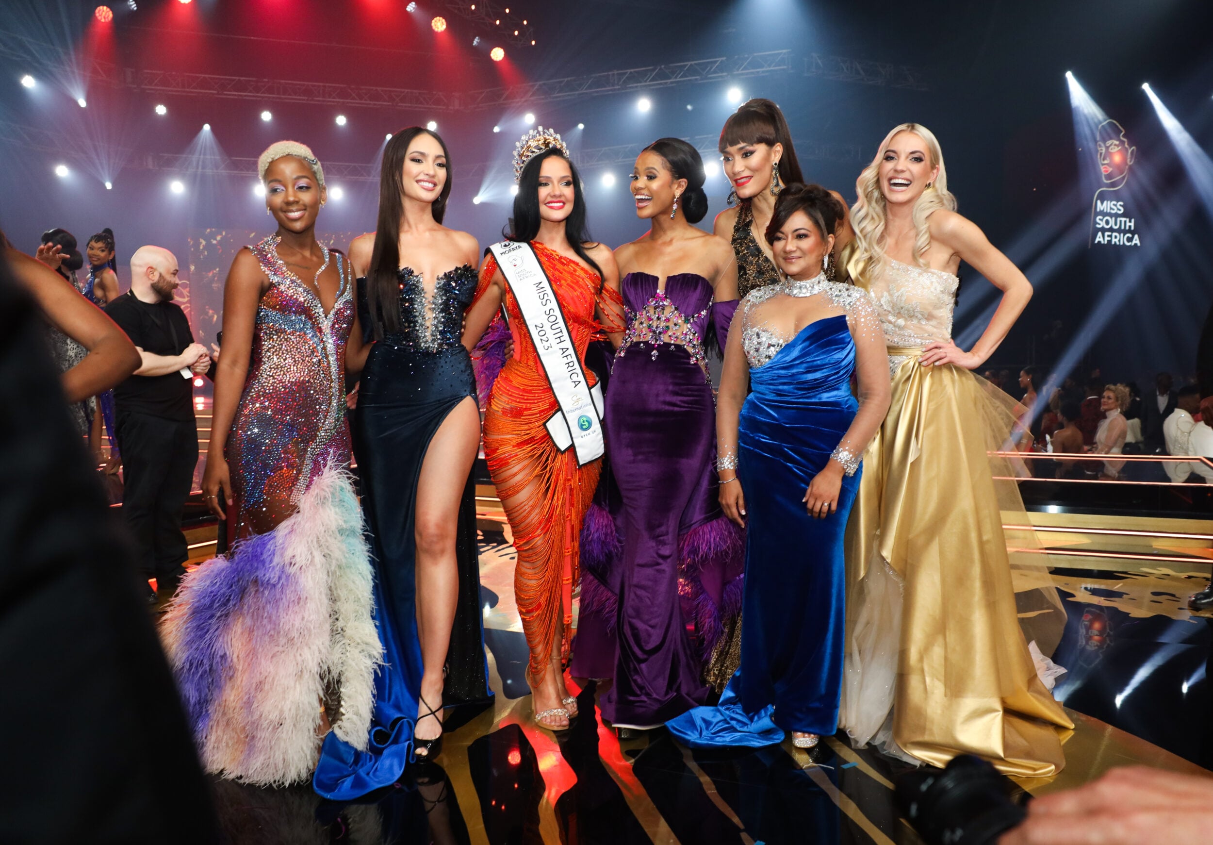 Thuso Mbedu, R'Bonney Nola Gabrial, Natasha Joubert, Ndavi Nokeri, Jo Ann Strauss, Devi Sankaree and Leandie du Randt at the 2023 Miss South Africa Final at SunBet Arena on August 13, 2023 in Pretoria, South Africa. Photo by Gallo Images/Luba Lesolle
