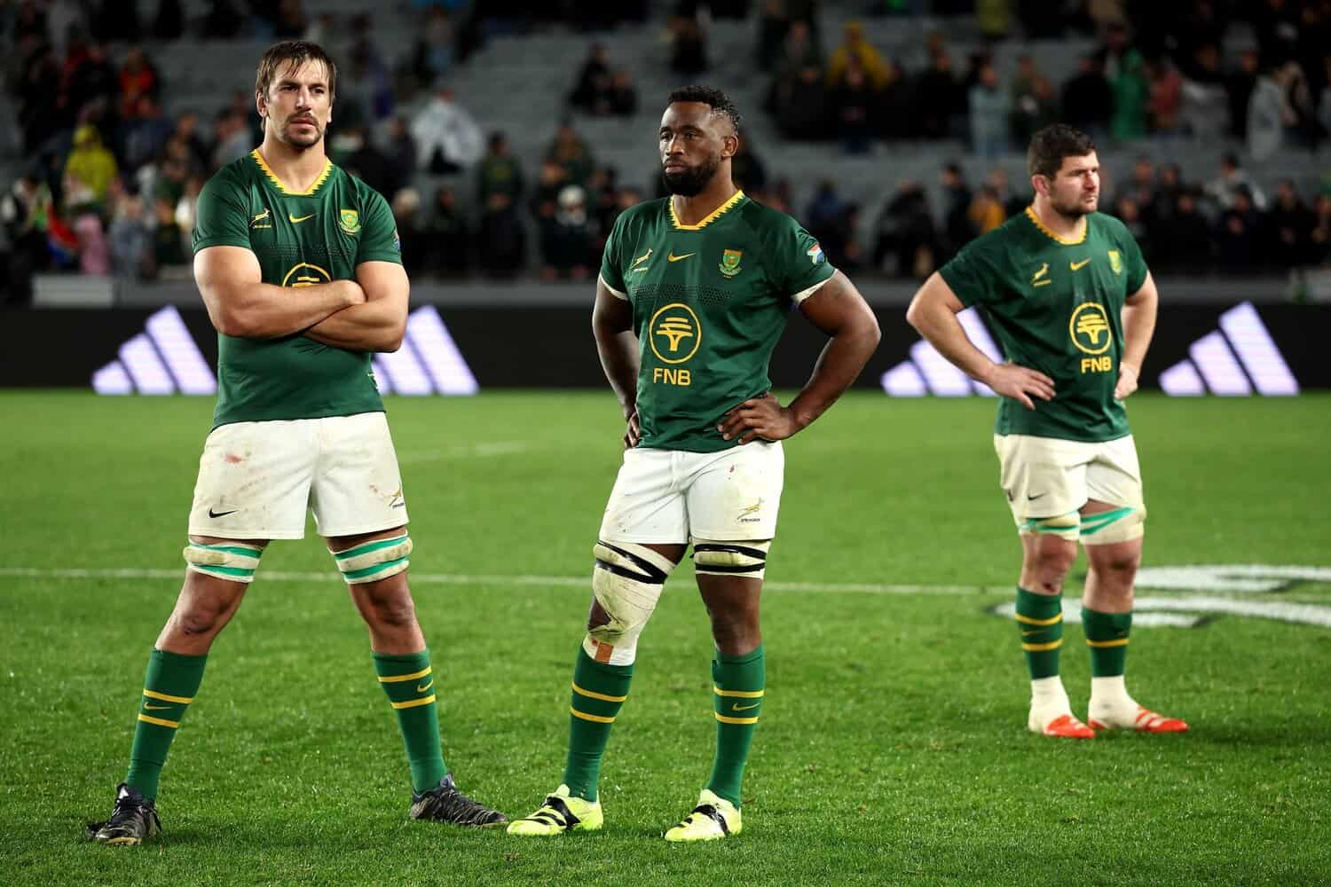 Eben Etzebeth of South Africa and Siya Kolisi of South Africa look on following The Rugby Championship match between the New Zealand All Blacks and South Africa Springboks at Eden Park on September 06, 2025 in Auckland, New Zealand. (Photo by Phil Walter/Getty Images)