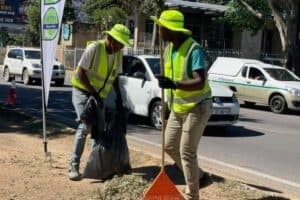 Sive Soul and Mike Ncube clear weeds along Winnie Mandela Drive.